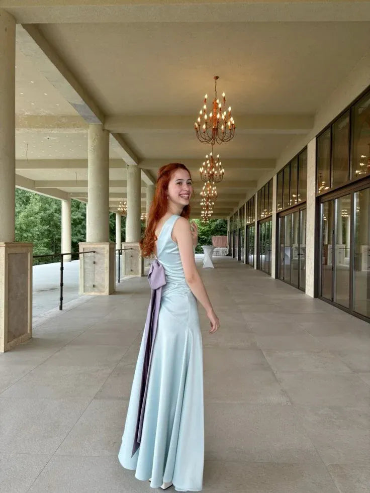 Elegant A-Line V-Neck Sleeveless Satin Light Blue Long Prom Dress With Bow