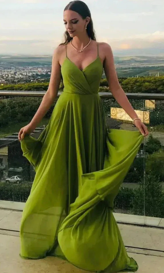 Elegant A-Line V-Neck Spaghetti Strap Flowing Chiffon Green Floor-Length Prom Dress