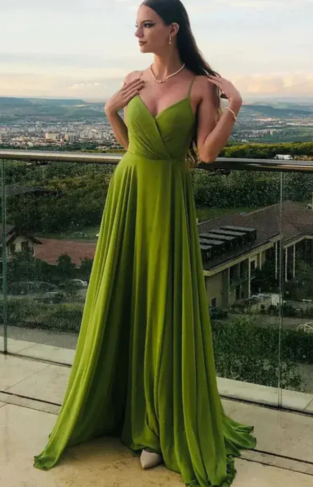 Elegant A-Line V-Neck Spaghetti Strap Flowing Chiffon Green Floor-Length Prom Dress