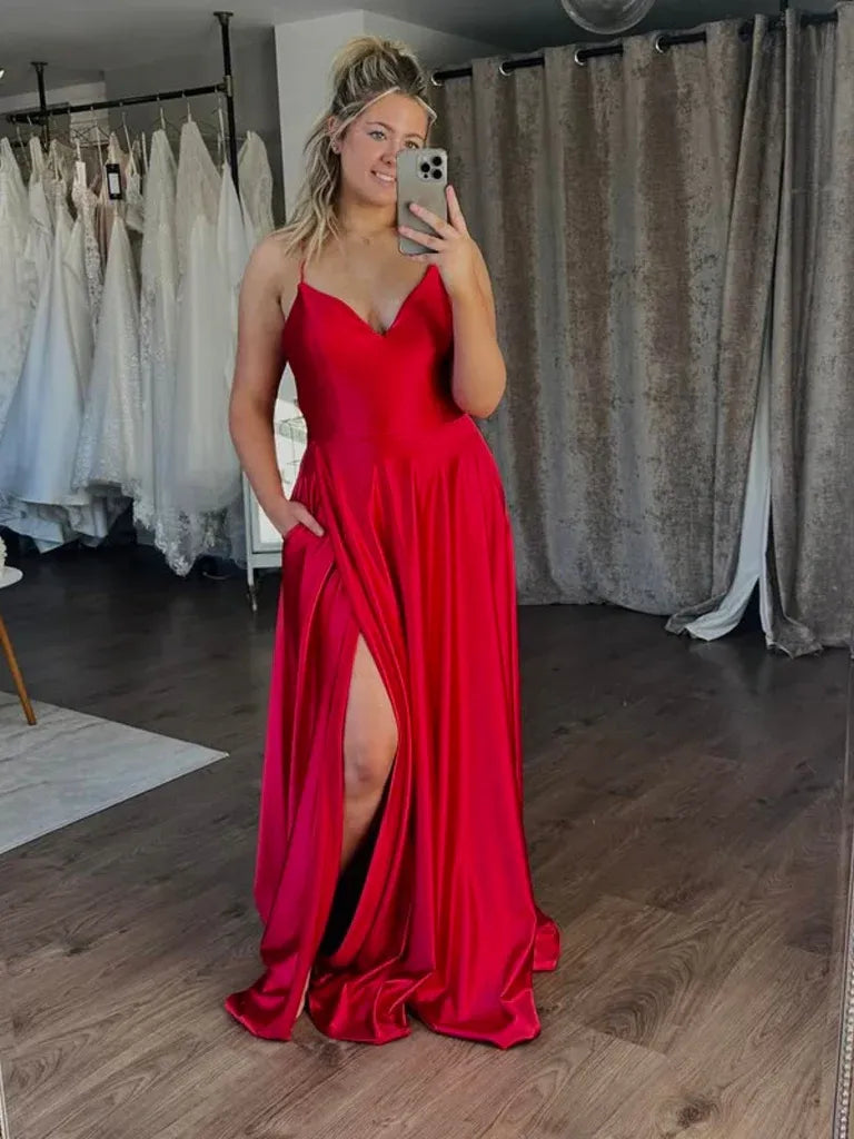 Elegant A-Line V-Neck Spaghetti Strap Satin Red Long Prom Dress With Pockets