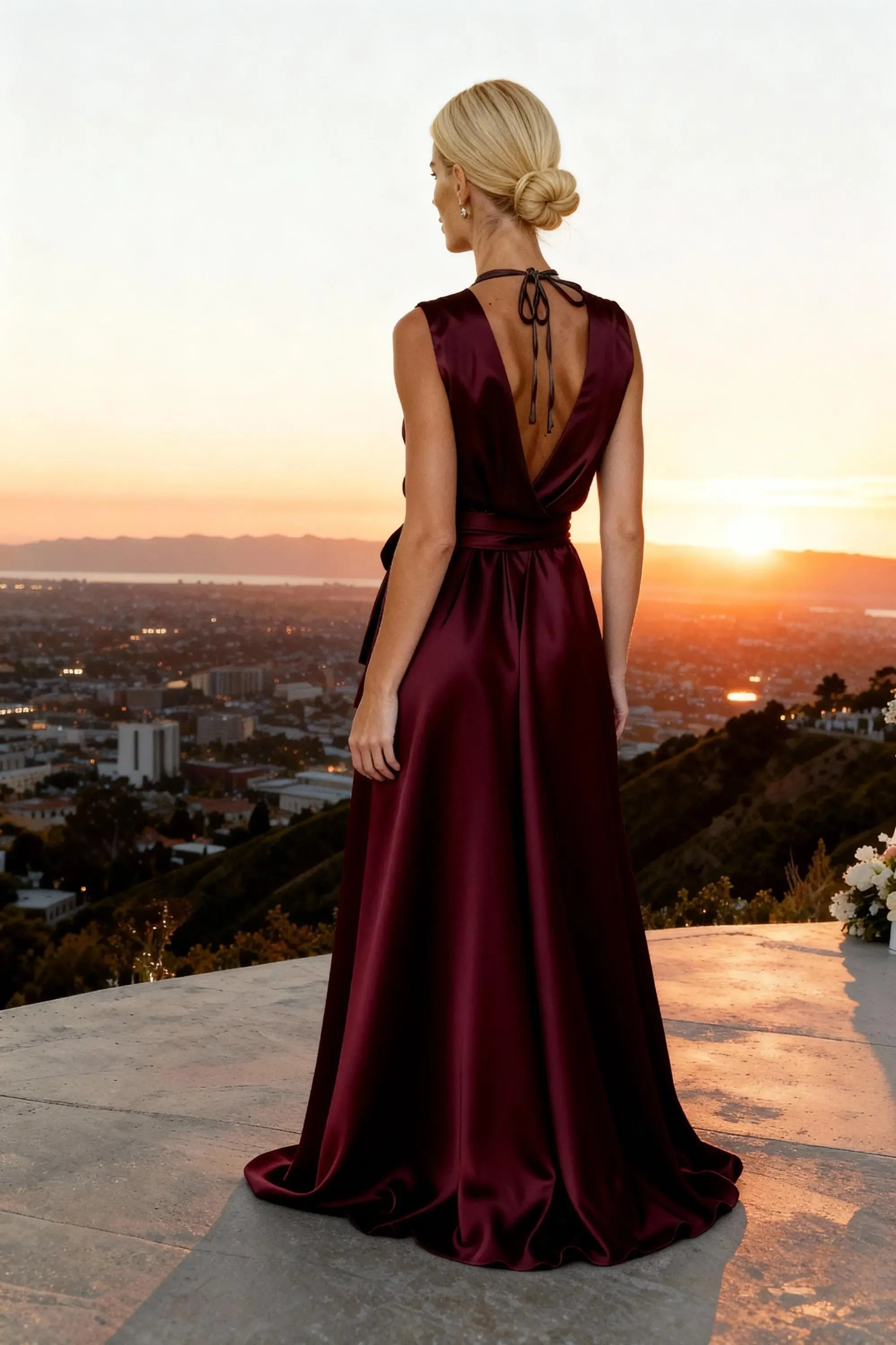 Elegant A-Line V-Neck Tie Satin Burgundy Floor-Length Prom Dress With Slit
