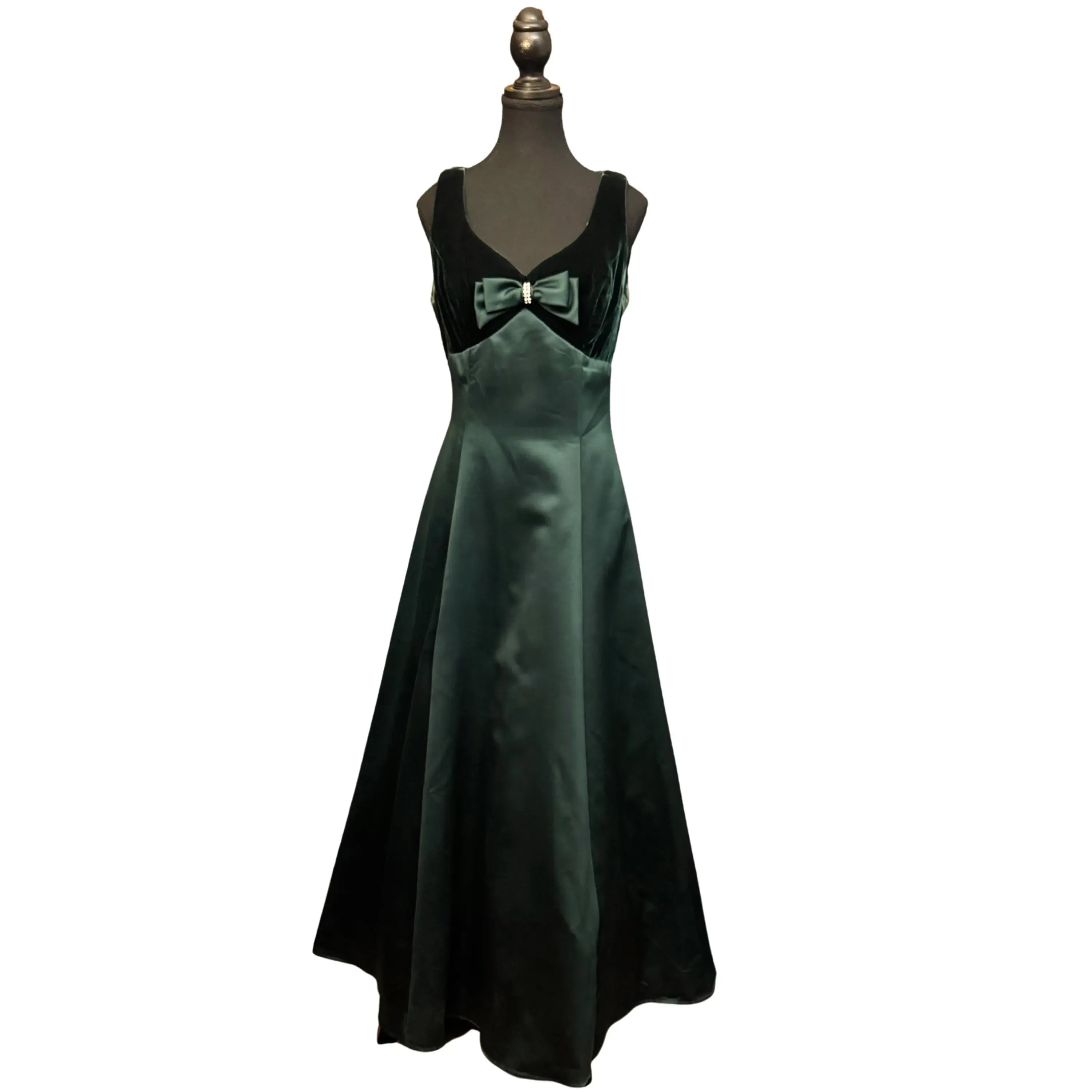 Elegant A-Line V-Neck Velvet Satin Dark Green Floor-Length Prom Dress With Bow