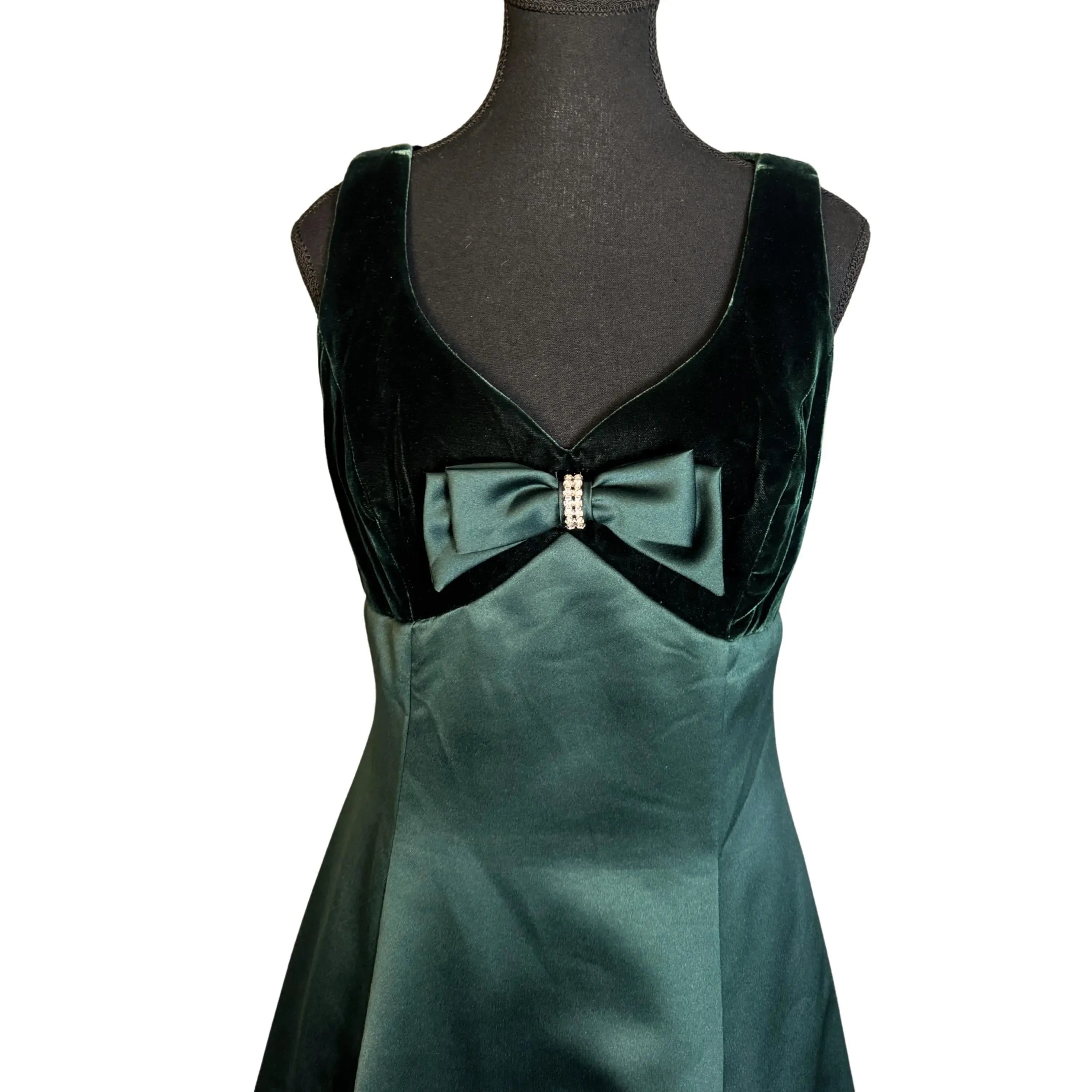 Elegant A-Line V-Neck Velvet Satin Dark Green Floor-Length Prom Dress With Bow