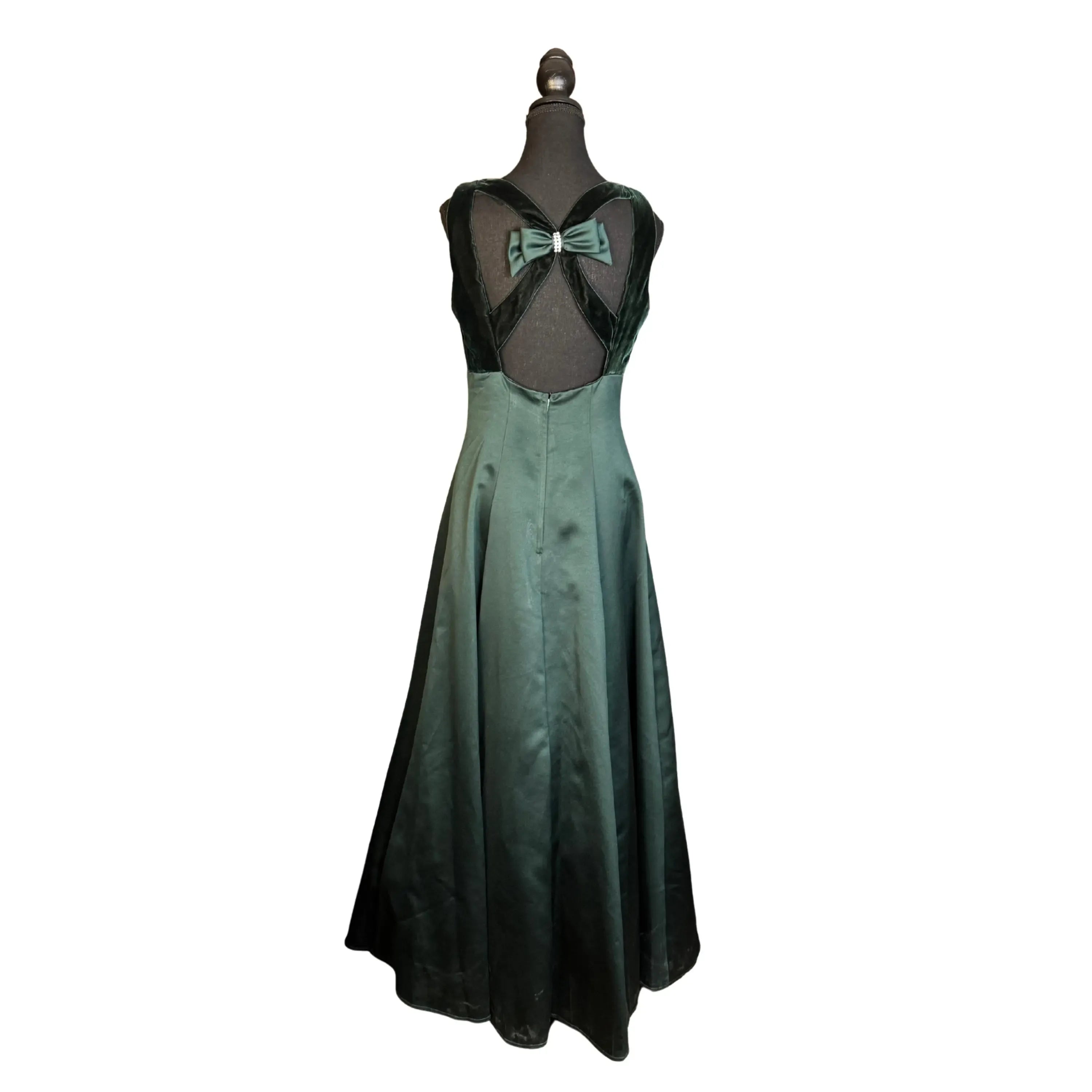Elegant A-Line V-Neck Velvet Satin Dark Green Floor-Length Prom Dress With Bow