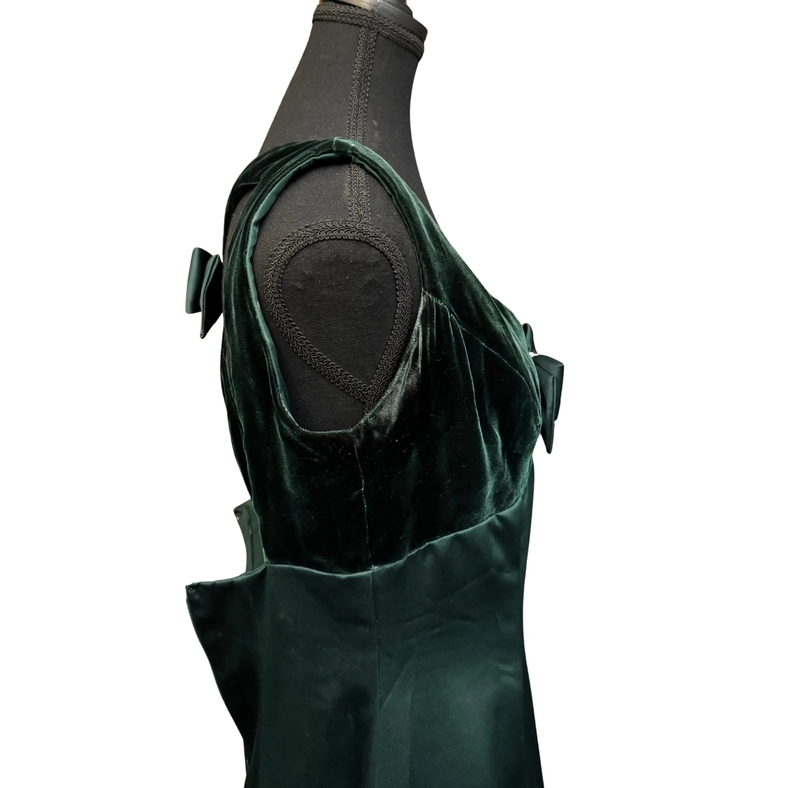 Elegant A-Line V-Neck Velvet Satin Dark Green Floor-Length Prom Dress With Bow