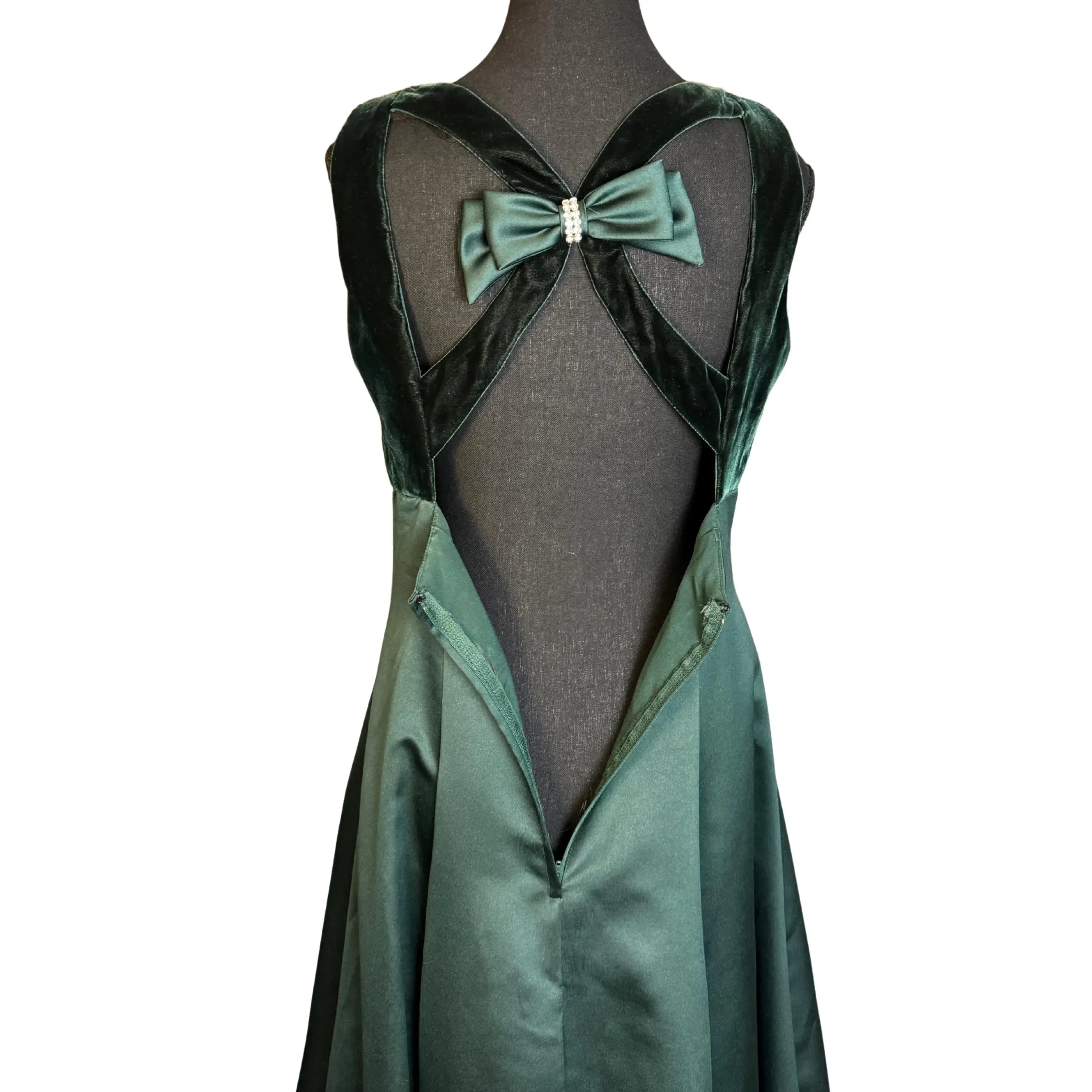Elegant A-Line V-Neck Velvet Satin Dark Green Floor-Length Prom Dress With Bow