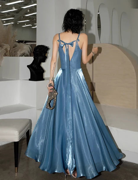 Elegant A-Line V-neck Satin Gray Blue Long Prom Dress Evening Dress