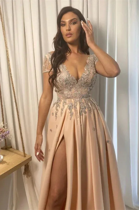 Elegant A-Line V Neck Cap Sleeve Satin Floor-Length Prom Dress