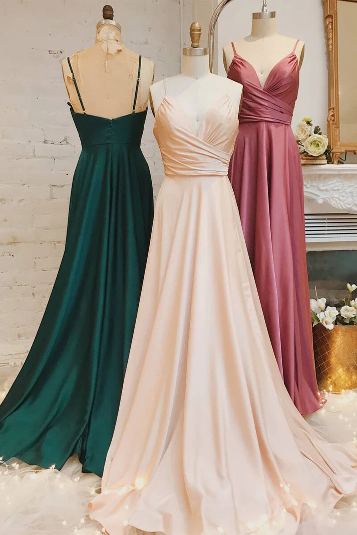 Elegant A-Line V Neck Ruched Satin Long Bridesmaid Dress Custom