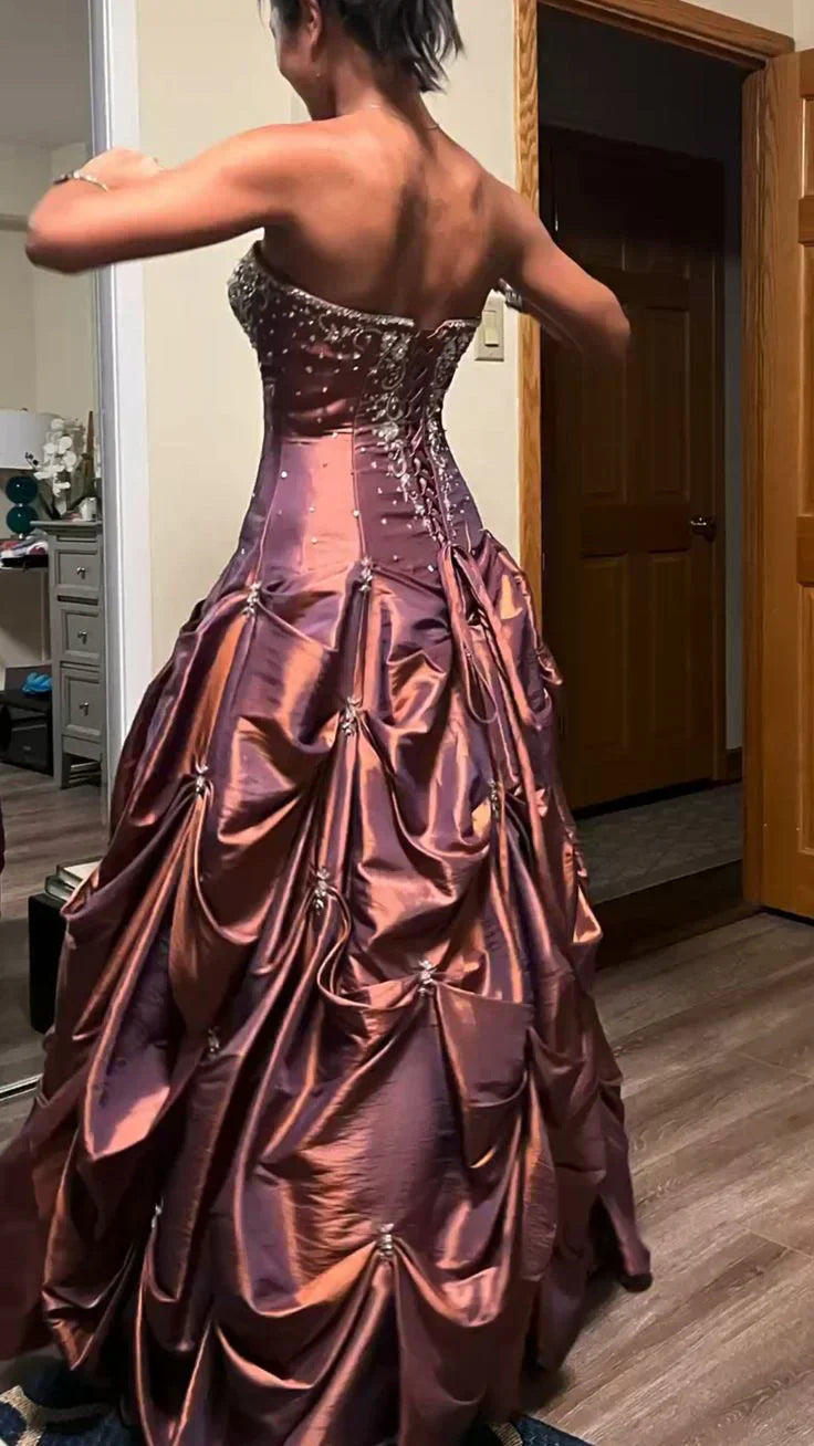 Elegant A-Line&Princess Strapless Sleeveless Lace Up Floor-Length Prom Dress
