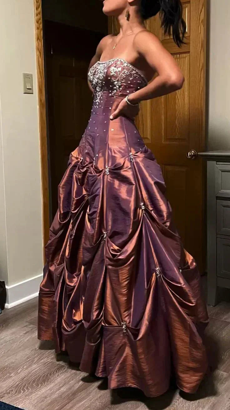 Elegant A-Line&Princess Strapless Sleeveless Lace Up Floor-Length Prom Dress