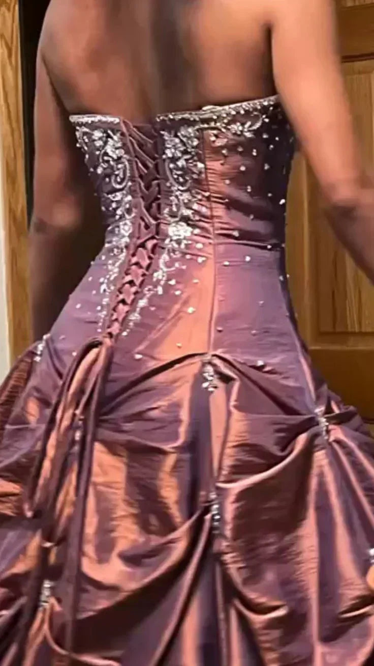 Elegant A-Line&Princess Strapless Sleeveless Lace Up Floor-Length Prom Dress