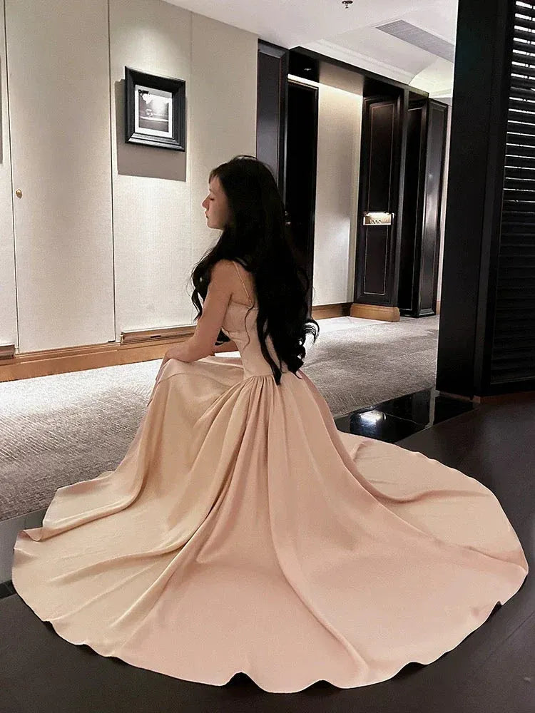 Elegant A-line Cowl-Neck Sleeveless Draped Blush Maxi Prom Dress for Women ready to ship