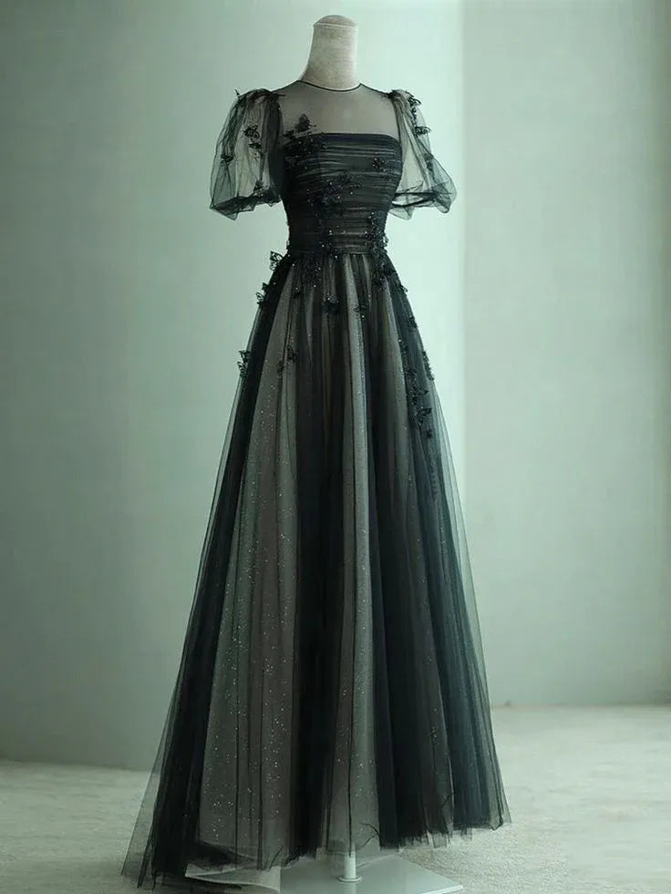 Elegant A-line Crew-Neck Short-Sleeve Embellished Black Maxi Prom Dress for Women Custom