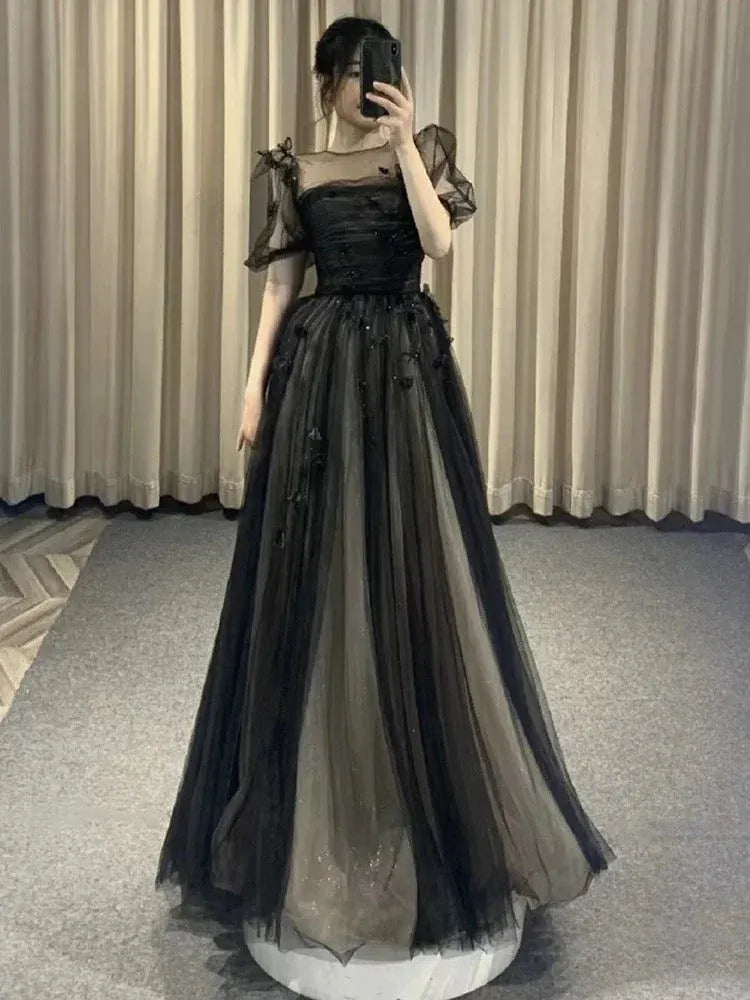 Elegant A-line Crew-Neck Short-Sleeve Embellished Black Maxi Prom Dress for Women Custom