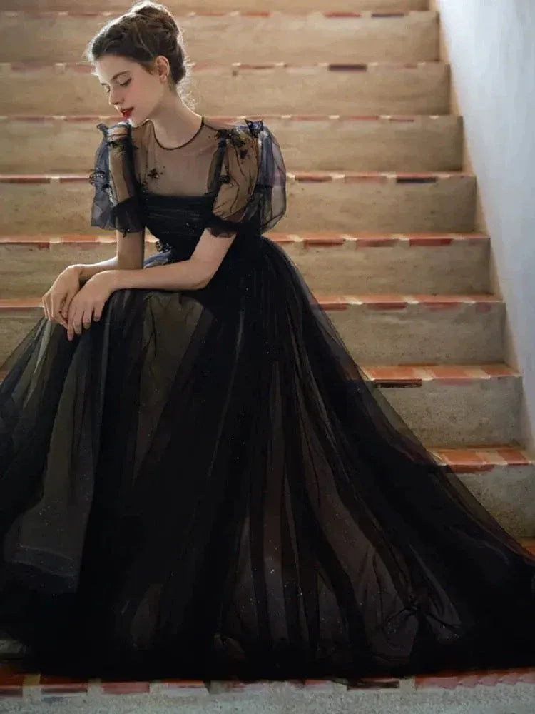 Elegant A-line Crew-Neck Short-Sleeve Embellished Black Maxi Prom Dress for Women Custom