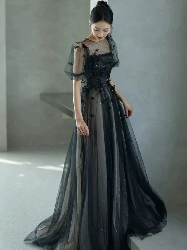 Elegant A-line Crew-Neck Short-Sleeve Embellished Black Maxi Prom Dress for Women Custom