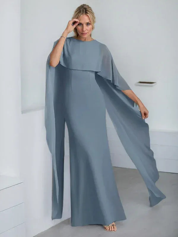 Elegant A-line Crew-neck Cape-sleeve Open-back Dusty Blue Floor-length Mother of the Bride Dresses for Women Ready to Ship