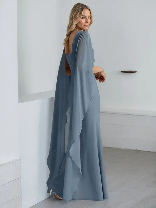Elegant A-line Crew-neck Cape-sleeve Open-back Dusty Blue Floor-length Mother of the Bride Dresses for Women Ready to Ship