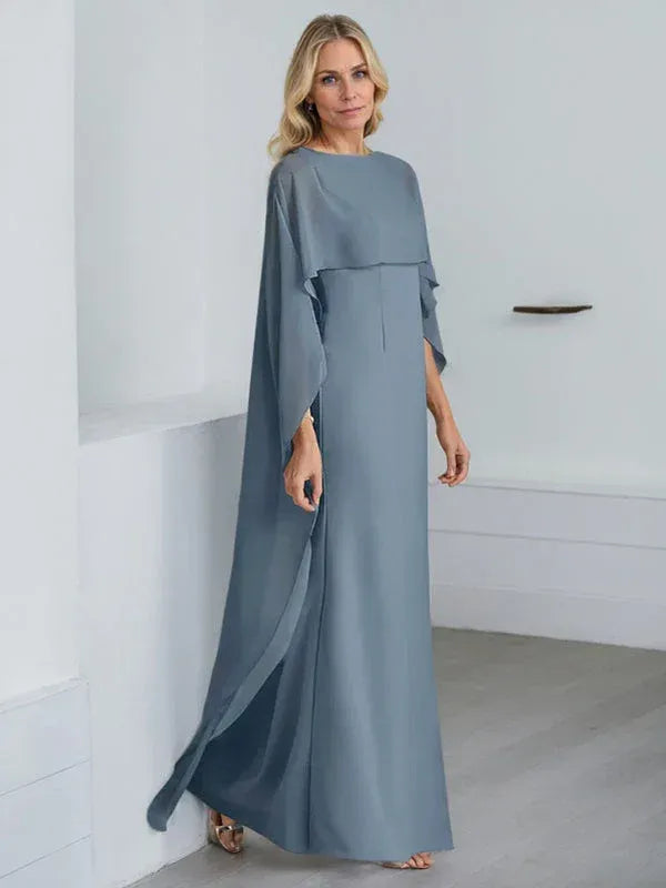Elegant A-line Crew-neck Cape-sleeve Open-back Dusty Blue Floor-length Mother of the Bride Dresses for Women Ready to Ship