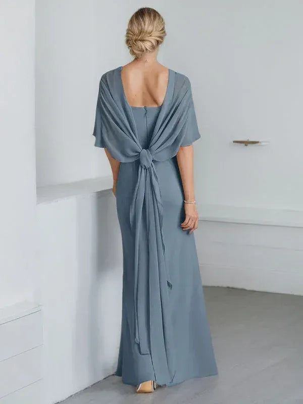 Elegant A-line Crew-neck Cape-sleeve Open-back Dusty Blue Floor-length Mother of the Bride Dresses for Women Ready to Ship
