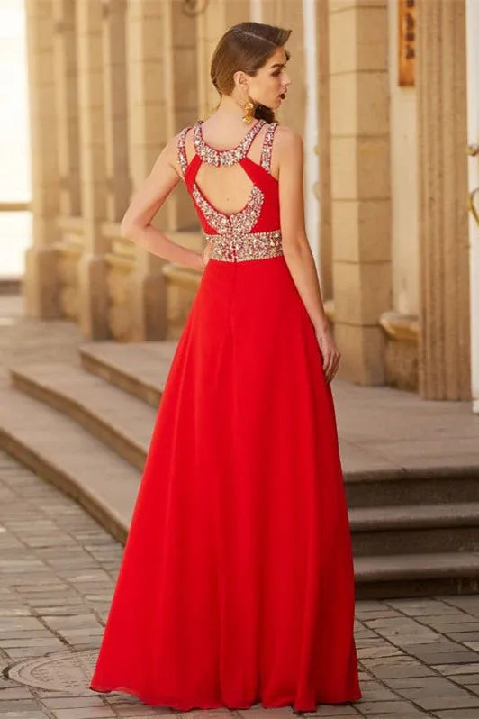 Elegant A-line Halter Beaded Red Evening Dress For Female Guests Hot Sale