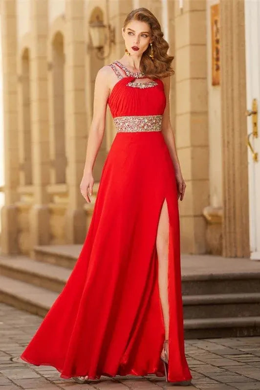 Elegant A-line Halter Beaded Red Evening Dress For Female Guests Hot Sale