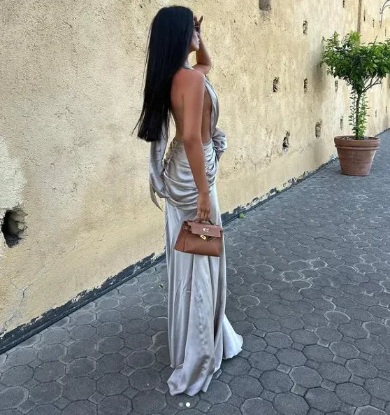 Elegant A-line Halter Neck Sleeveless Rosette Silver Maxi Prom Dress for Women Ready to Ship