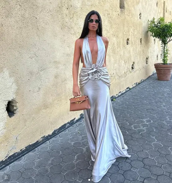 Elegant A-line Halter Neck Sleeveless Rosette Silver Maxi Prom Dress for Women Ready to Ship