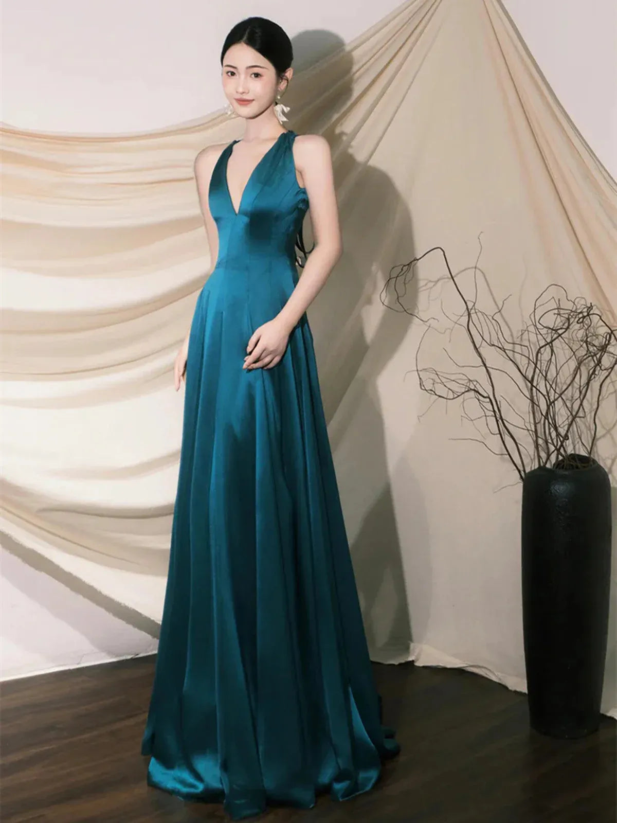 Elegant A-line Halter Neck Sleeveless Satin Teal Blue Maxi Prom Dress for Women Ready to Ship