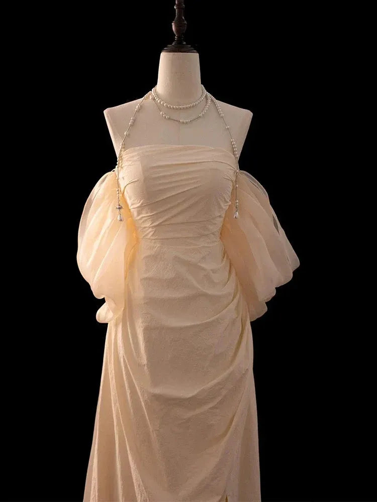 Elegant A-line Off-Shoulder Sheer Sleeve Ruched Ivory Floor-Length Prom Dress For Women Custom