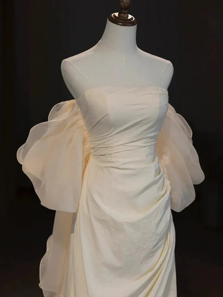 Elegant A-line Off-Shoulder Sheer Sleeve Ruched Ivory Floor-Length Prom Dress For Women Custom