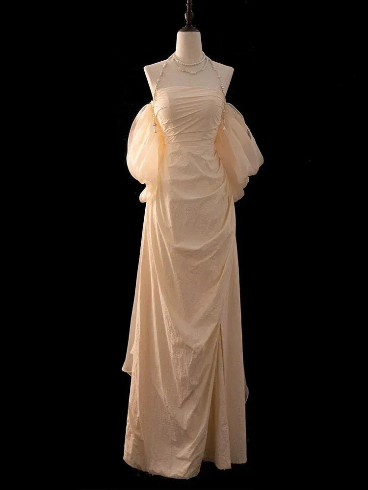 Elegant A-line Off-Shoulder Sheer Sleeve Ruched Ivory Floor-Length Prom Dress For Women Custom