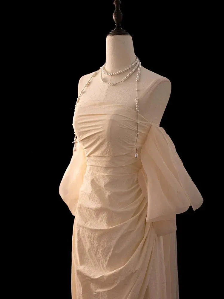 Elegant A-line Off-Shoulder Sheer Sleeve Ruched Ivory Floor-Length Prom Dress For Women Custom