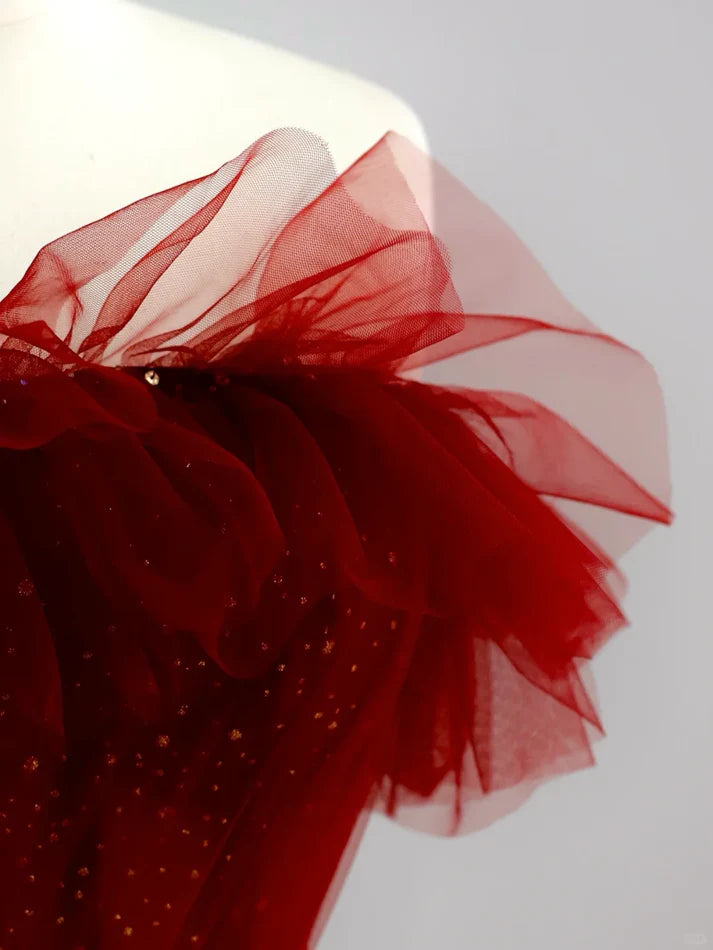 Elegant A-line Off-The-Shoulder Short Sleeves Tulle Burgundy Evening Dress