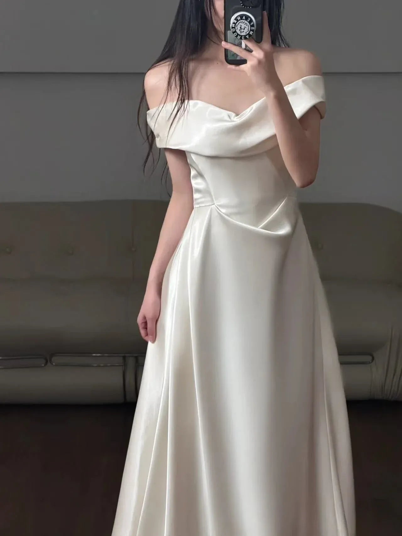 Elegant A-line Off-the-Shoulder Short Sleeve Draped Satin Ivory Maxi Prom Dress