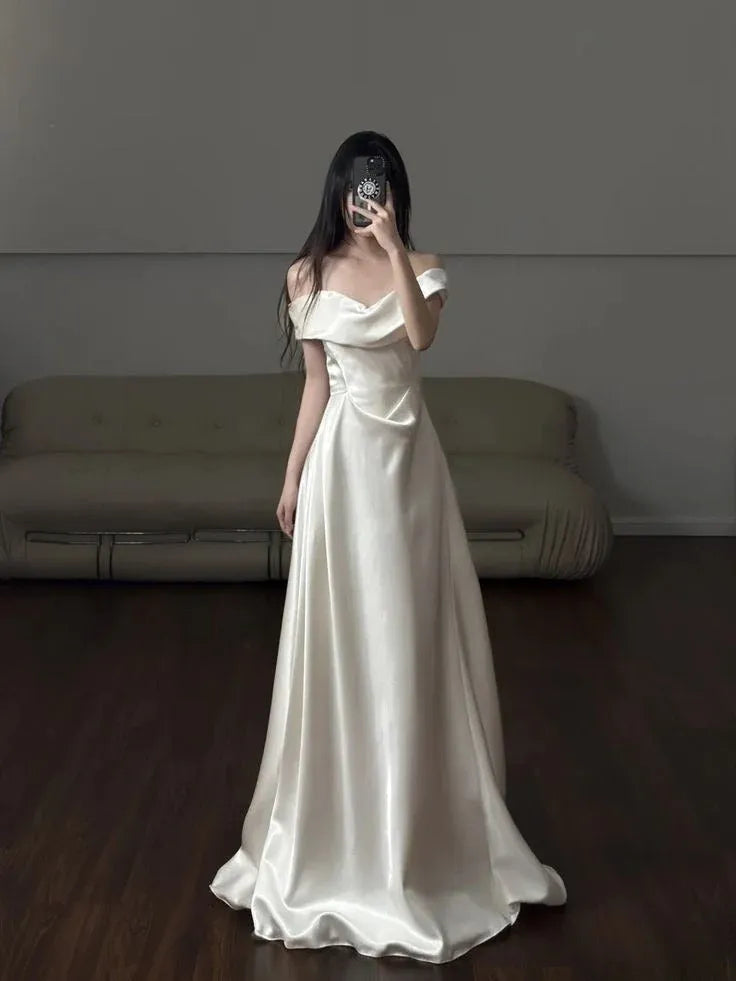 Elegant A-line Off-the-Shoulder Short Sleeve Draped Satin Ivory Maxi Prom Dress