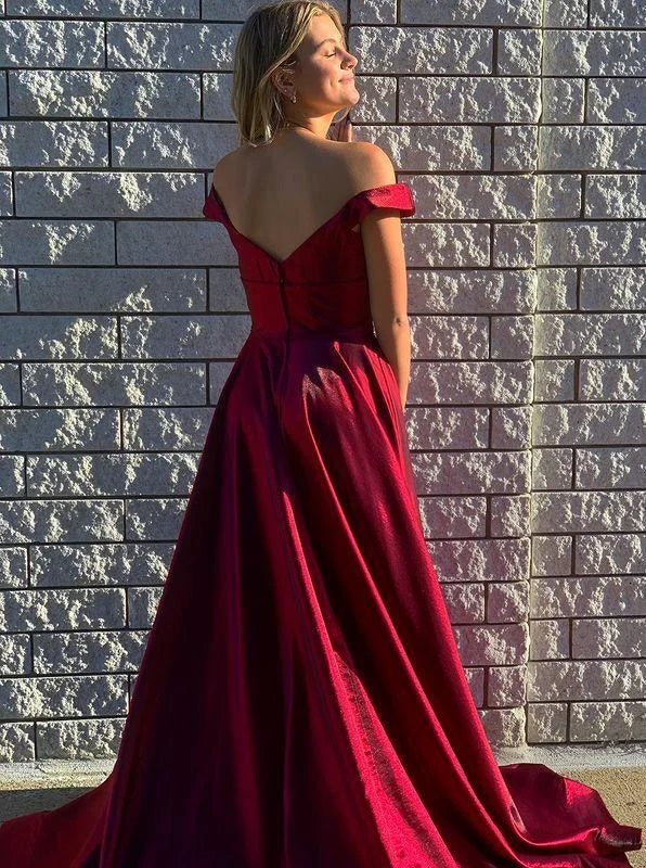Elegant A-line Off-the-Shoulder Slit Burgundy Floor Length Prom Dress
