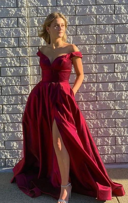 Elegant A-line Off-the-Shoulder Slit Burgundy Floor Length Prom Dress
