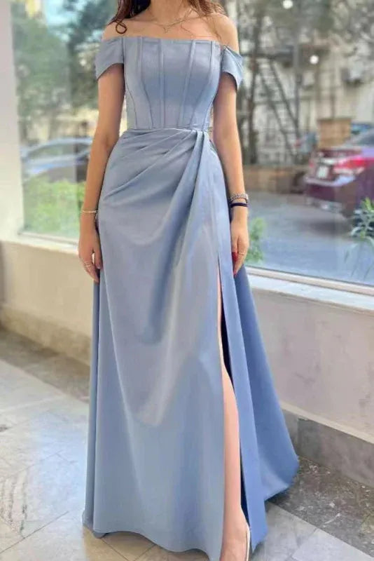 Elegant A-line Off-the-shoulder Short-sleeve Ruched Dusty Blue Floor-length Prom Dress for Women Ready to Ship