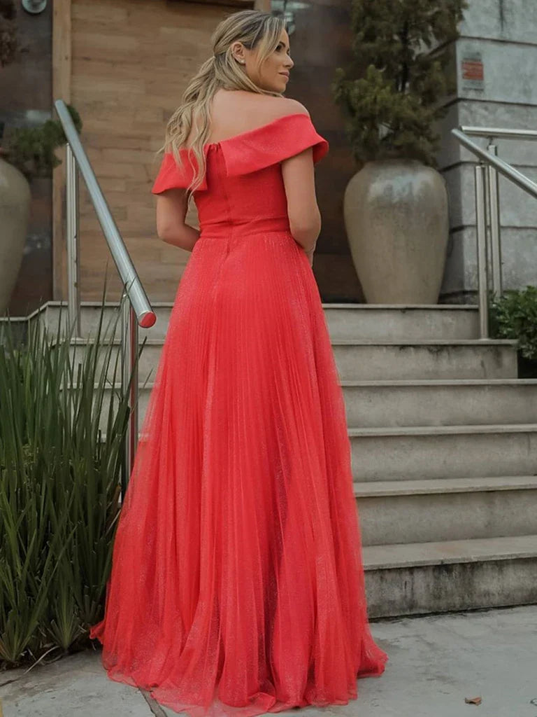 Elegant A-line Off The Shoulder Tulle Red Long Prom Dress For Women