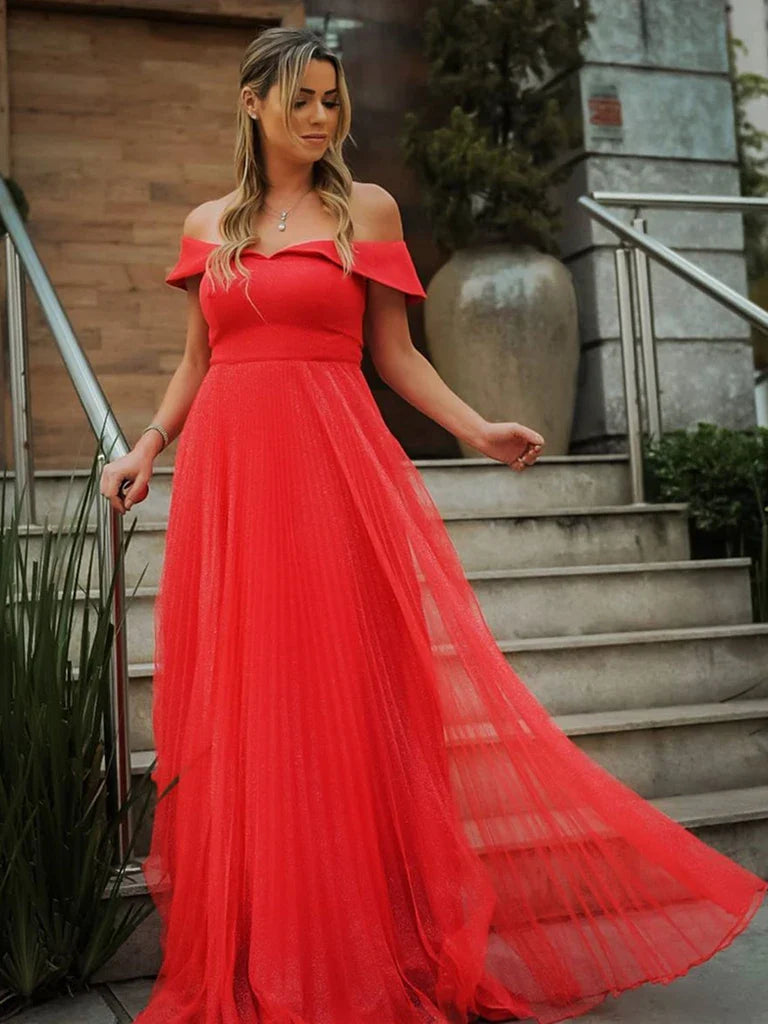 Elegant A-line Off The Shoulder Tulle Red Long Prom Dress For Women
