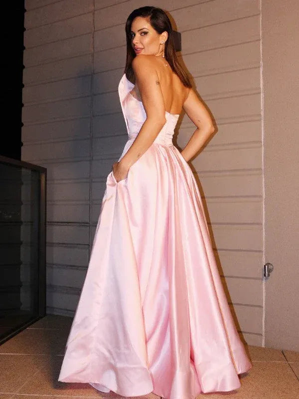 Elegant A-line One-shoulder Satin Slit Pink Maxi Prom Dress With Pocket