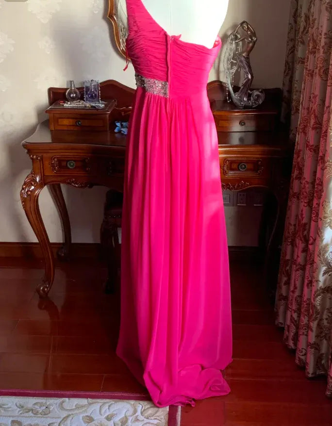 Elegant A-line One-shoulder Sleeveless Beaded Fuchsia Maxi Prom Dress For Women Ready To Ship
