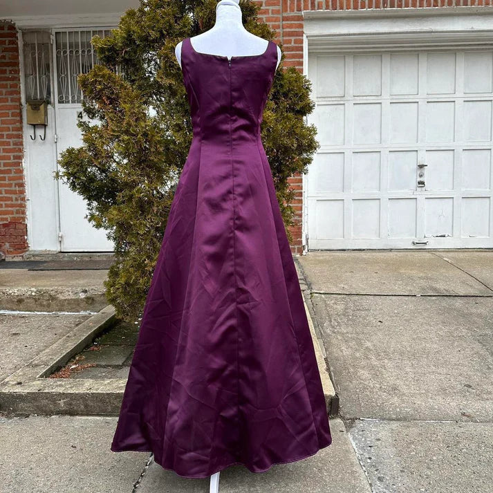 Elegant A-line Square Neck Satin Dark Purple Long Party Dress With Beaded
