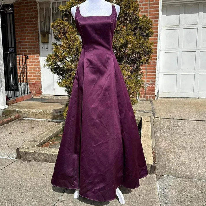 Elegant A-line Square Neck Satin Dark Purple Long Party Dress With Beaded