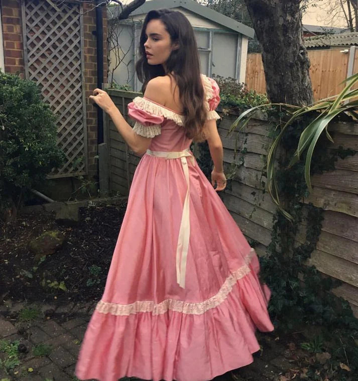 Elegant A-line Round Neck Short Sleeves Lace Pink Long Party Dress