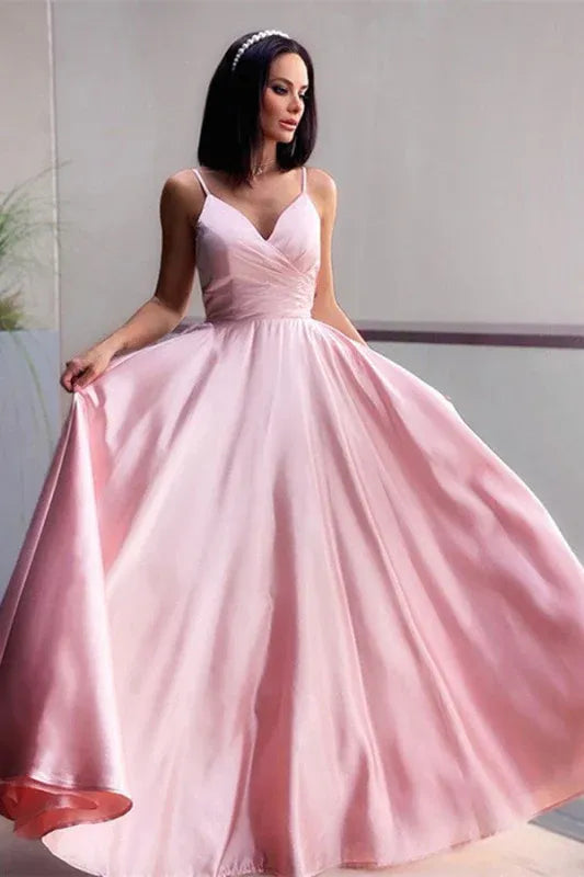 Elegant A-line Spaghetti Ruched Blush Floor Prom Dress Ready To Ship