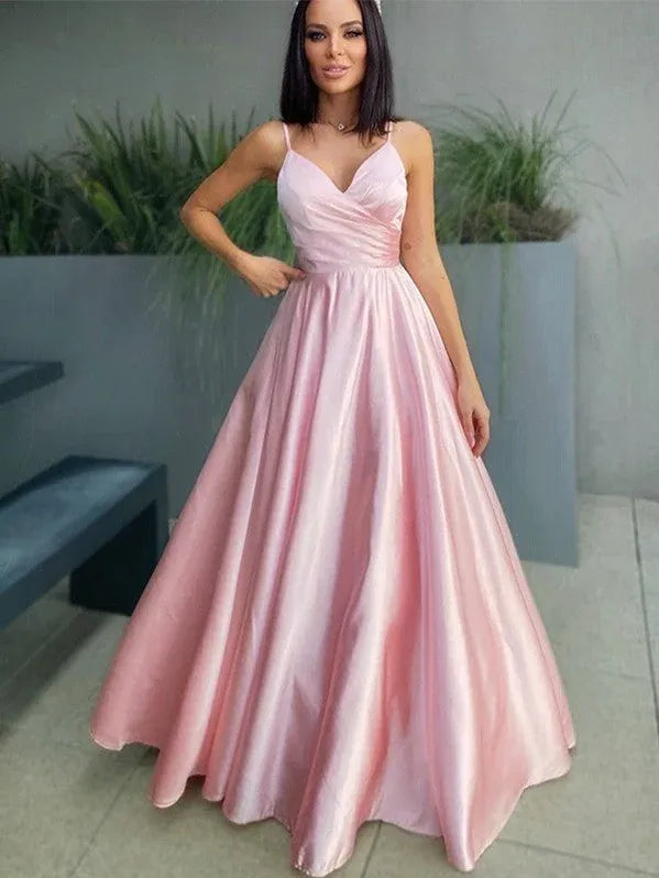 Elegant A-line Spaghetti Ruched Blush Floor Prom Dress Ready To Ship