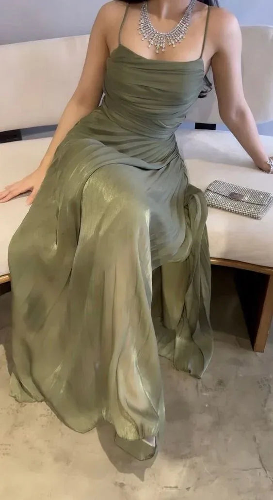 Elegant A-line Spaghetti Straps Ruched Sage Floor Length Prom Dress Hot Sale